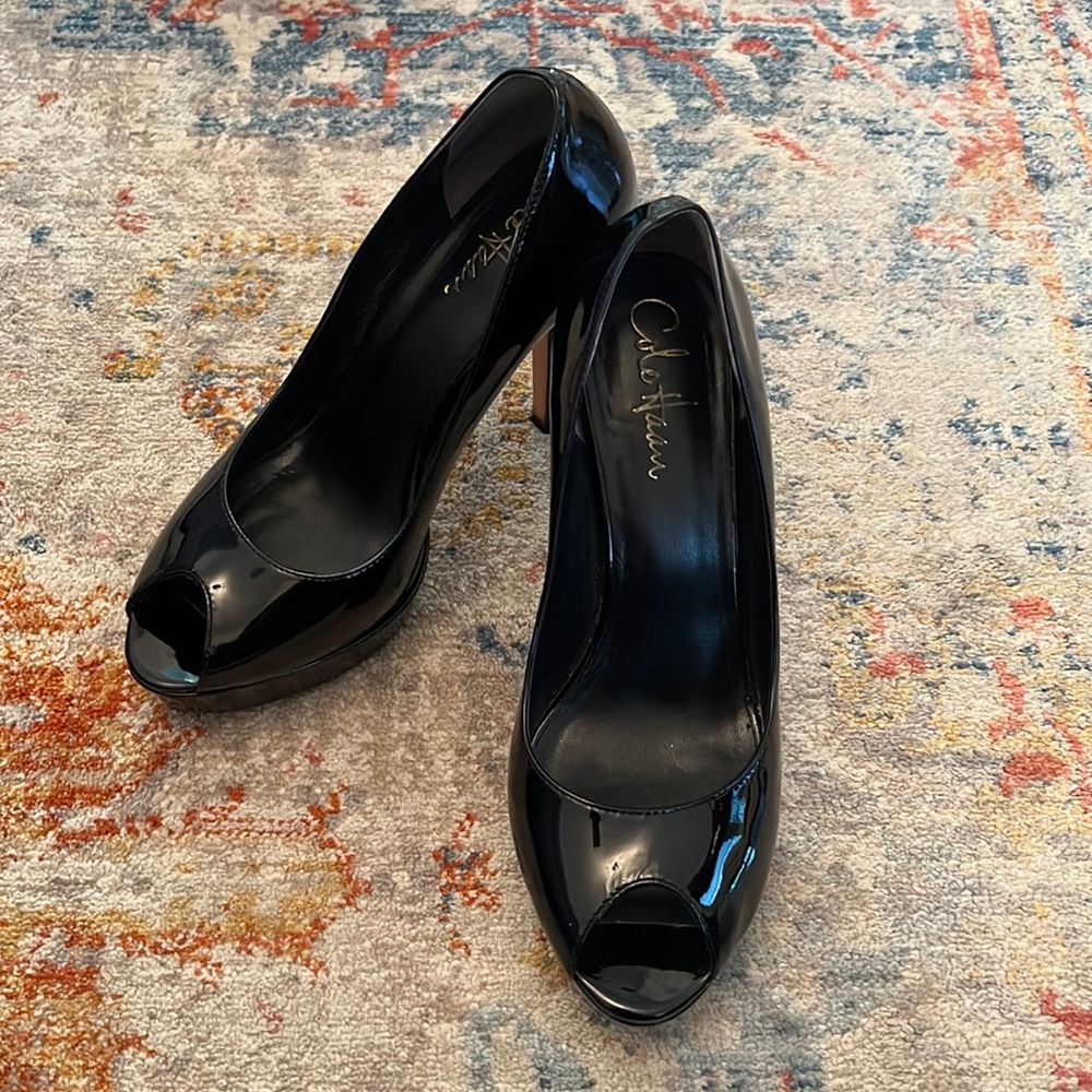 Excellent condition patent leather open toe heels by Cole Haan